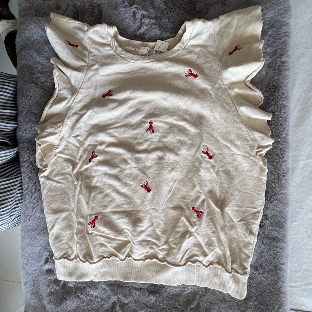 NWT Anthropologie Lobster Sleeveless Ruffle Beige Sweatshirt Size Large - Picture 4 of 6